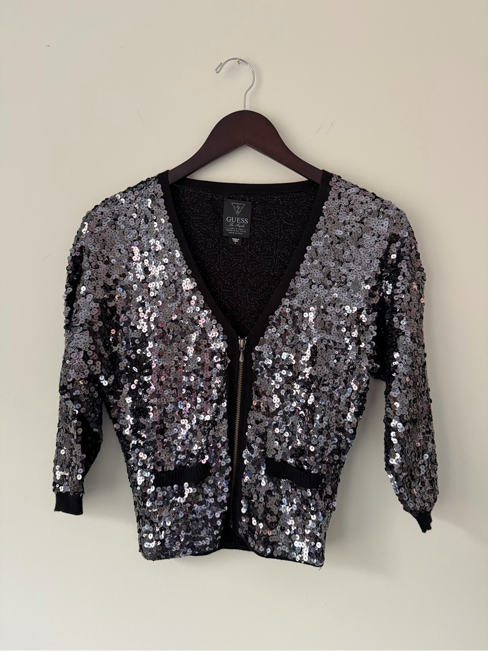 GUESS Silver and Black Sequin Zip Cardigan Jacket